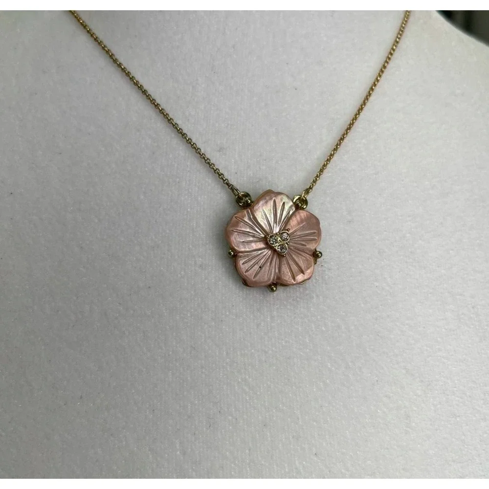 Gold Tone Pink Flower Necklace Cubic‎ Zirconia Accent Adjustable Chain